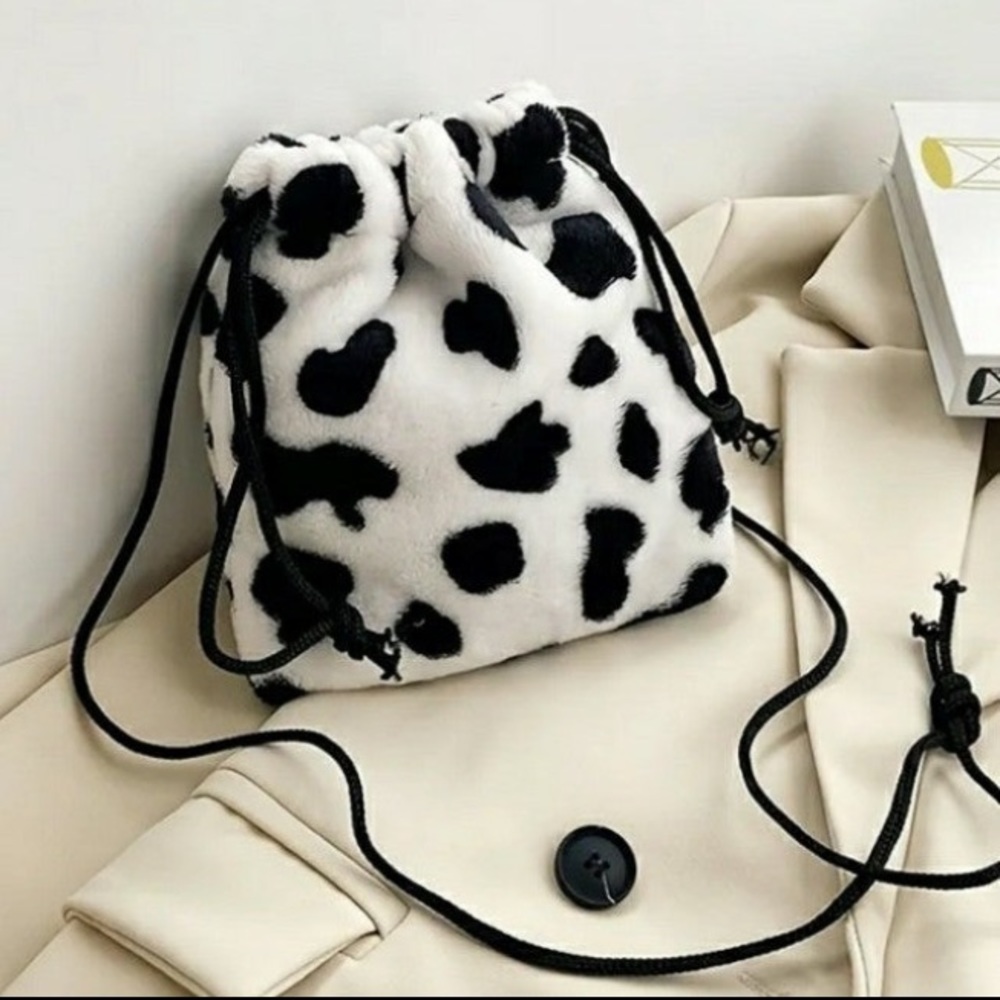 Cow Print Fluffy Drawstring Pouch - Picture 3 of 3